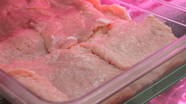 Raw meat slices in a container
