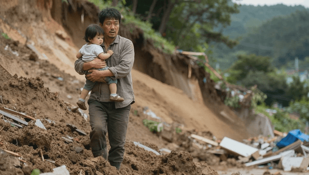 Father escaping a landslide while carrying his daughter