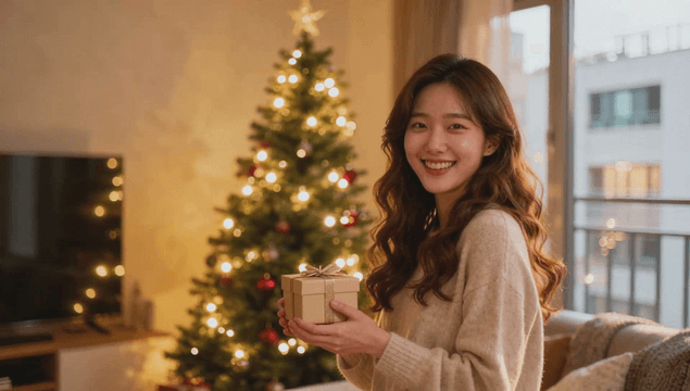 크리스마스 트리 옆에서 선물을 들고 미소 짓는 젊은 여성