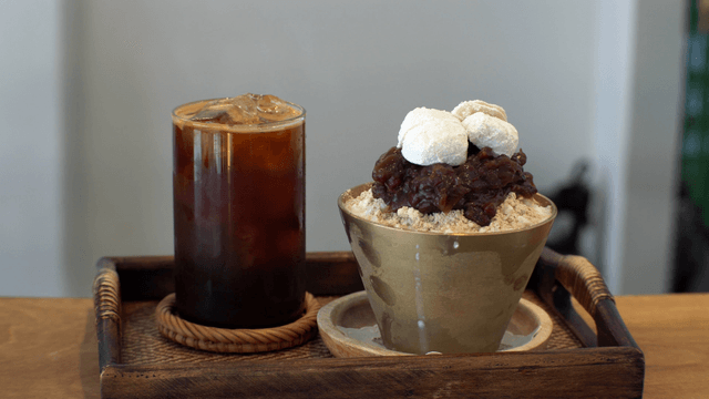 Iced coffee and traditional Korean red bean shaved ice