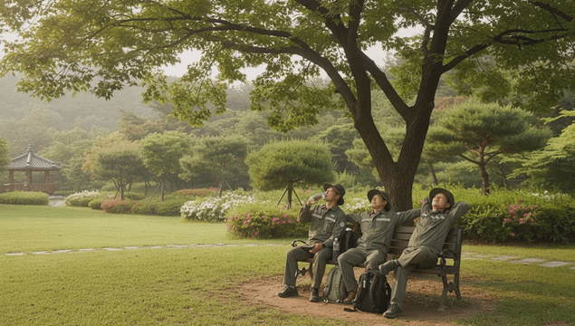 Park workers resting on bench under tree