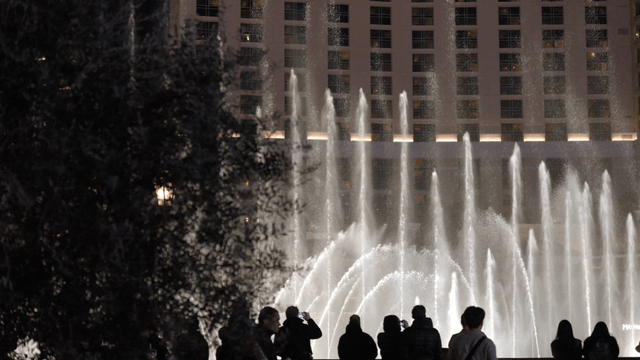 Night fountain show with city lights