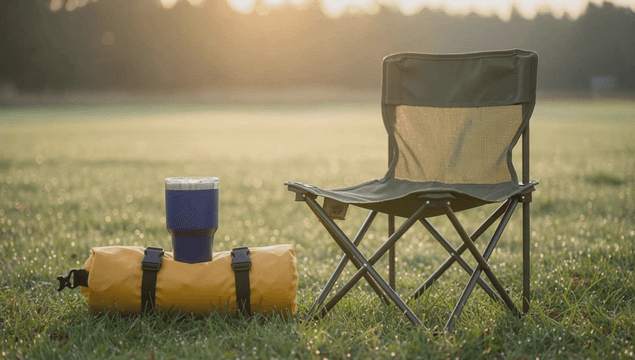 Camping gear placed on sunny lawn