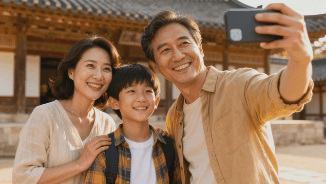Family taking a selfie in a traditional hanok