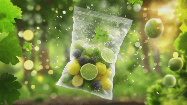 Floating bag of mixed fruit in a bright forest