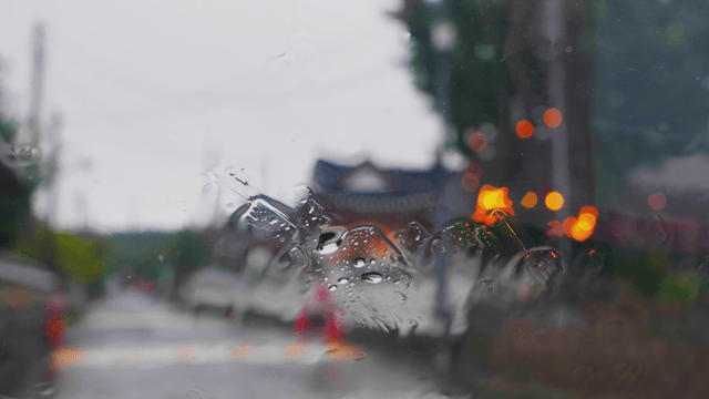 Hazy rainy day scene seen through a car window