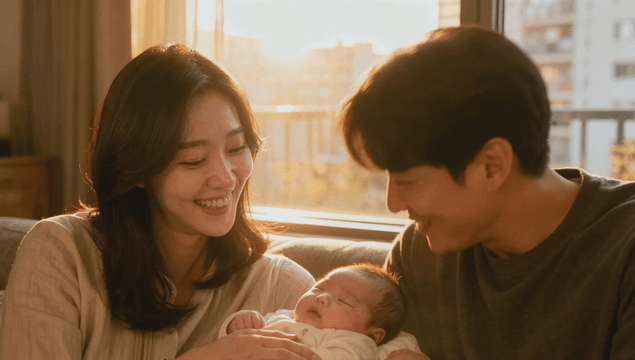 Happy parents with a newborn baby on a sunlit sofa