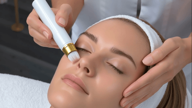 White woman receiving facial treatment with skincare device