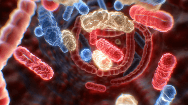 Colorful moving microbes with cells and organs graphic