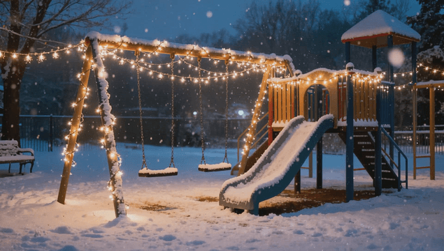 크리스마스 조명이 있는 눈 덮인 놀이터