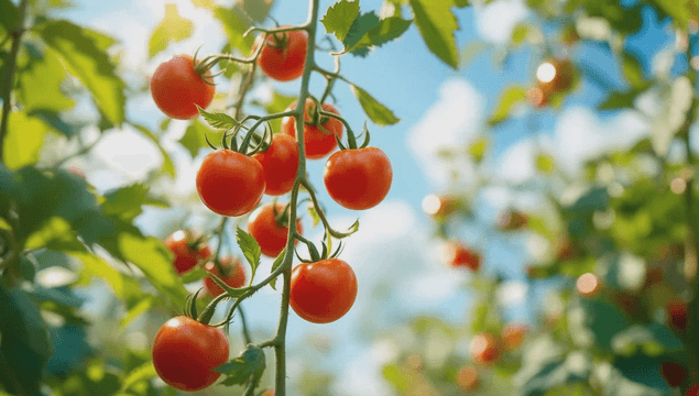 Ripe tomatoes hanging on a vine