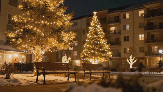 눈 덮인 공원의 크리스마스 조명