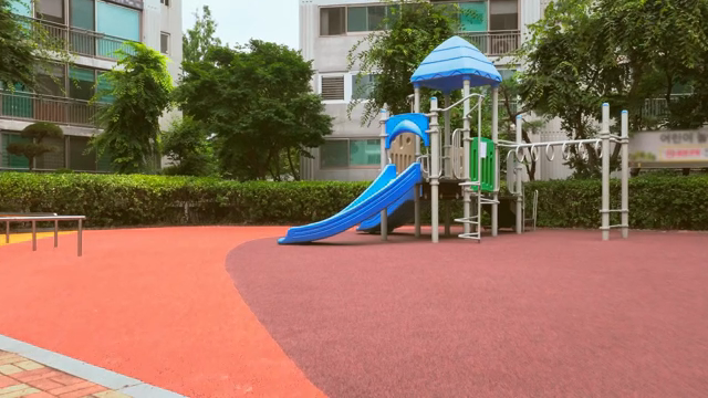 Apartment playground with colorful slides