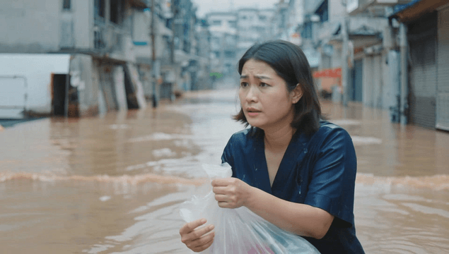 Anxious woman walking through flood-covered street