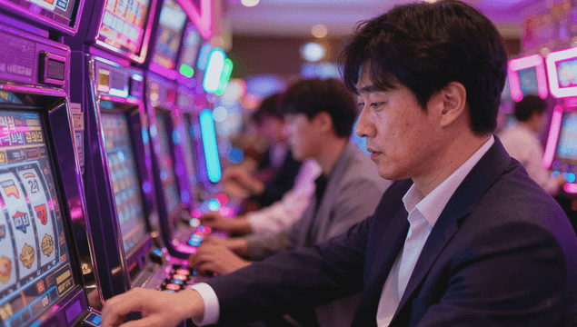 Man in a suit playing slot machines at a casino