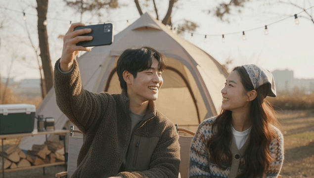 Happy couple taking a camping selfie
