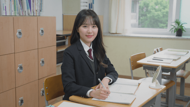 교실에 앉아 웃는 여학생