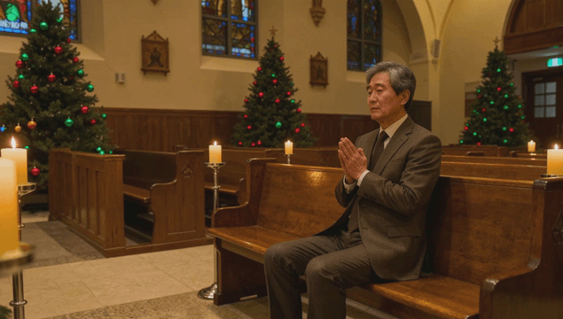 Old man praying in a decorated church