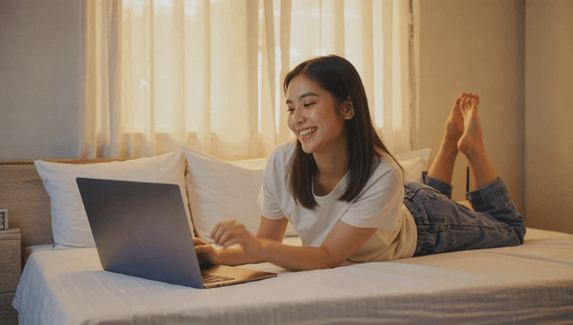 Young woman lying on a bed while looking at a laptop