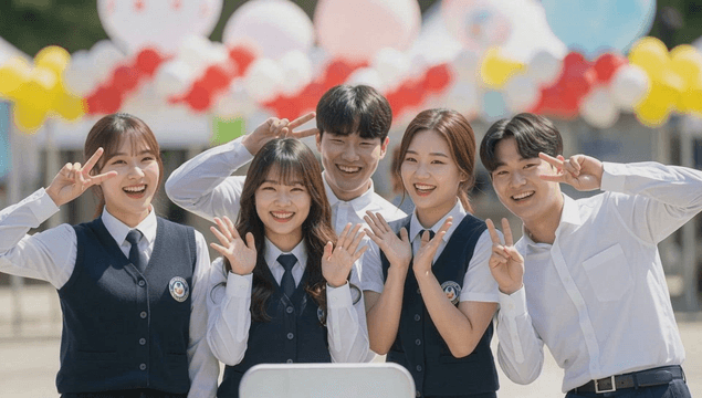 Students posing with balloons at a school festival