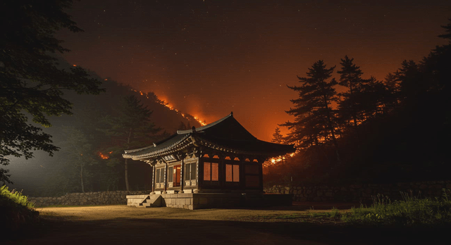 Traditional building in a wildfire