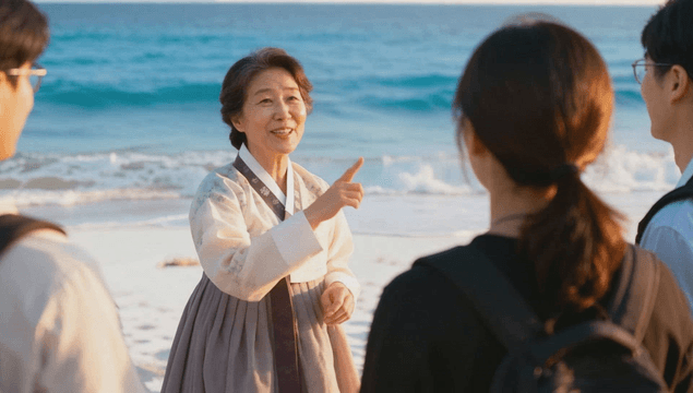 Woman guide talking on a beach in hanbok
