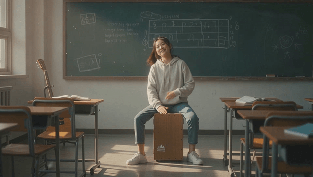 Schoolgirl playing cajon in sunlit classroom