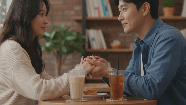 Couple holding hands at a cafe table