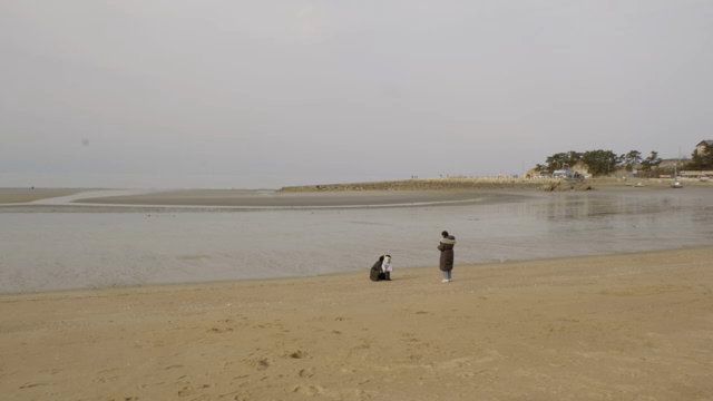 가족이 조용한 해변을 즐기는 모습