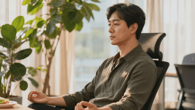 Man meditating in a sunlit room