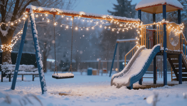 눈 덮인 놀이터와 크리스마스 조명