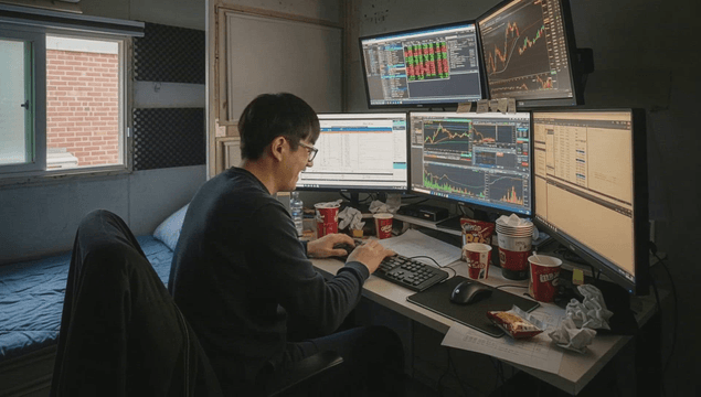 Young man trading stocks at home with multiple monitors