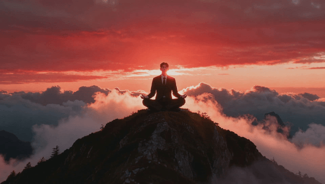 Man suited meditating at dawn on a high summit