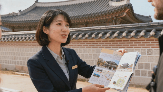 Guide explaining to foreign tourists at a traditional Korean landmark