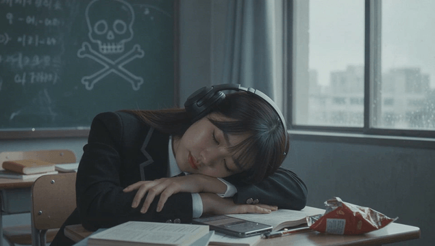 Schoolgirl sleeping with headset in rainy classroom