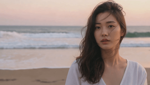 Young woman looking at the beach during sunset
