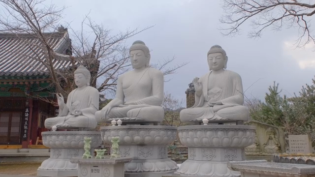 Buddha statues in a quiet temple yard with snow falling