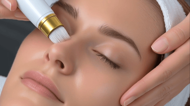 Woman receiving skincare device treatment