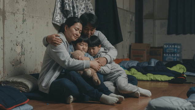 Family hugging in a dark shelter