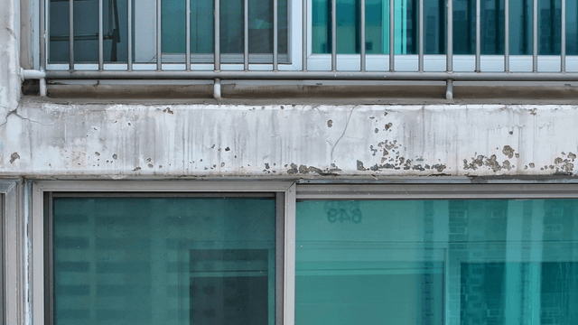 Exterior of a weathered building with windows