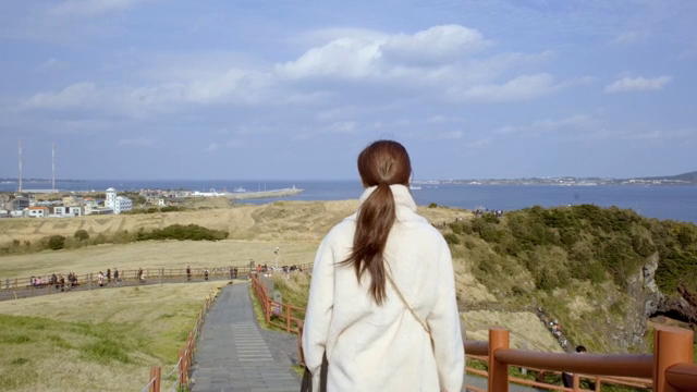 A woman overlooking a scenic coastal view