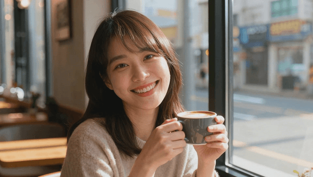 Woman enjoying a warm café latte by the window at midday