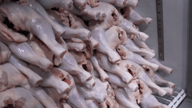 Raw chickens stacked high in a refrigerator