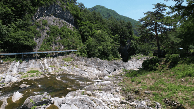 Calm river flowing through rocky terrain