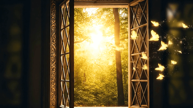 Sunlight streaming through a window into a forest