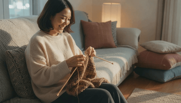 Woman knitting on a cozy sofa