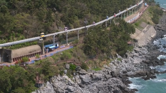 Coastal monorail passing through lush forest