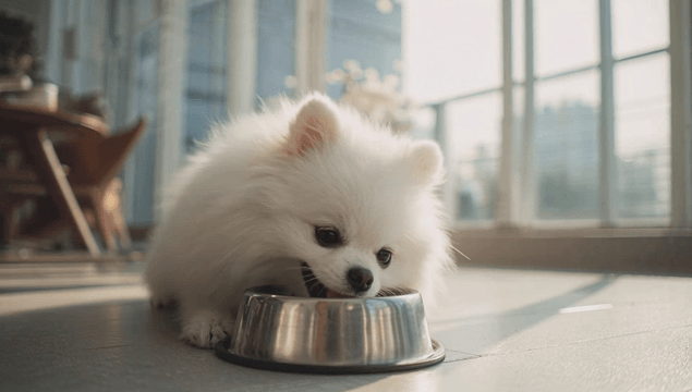 A fluffy white dog eating from a bowl