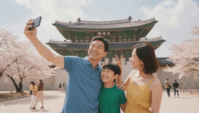 Family taking a selfie at a historic Korean gate
