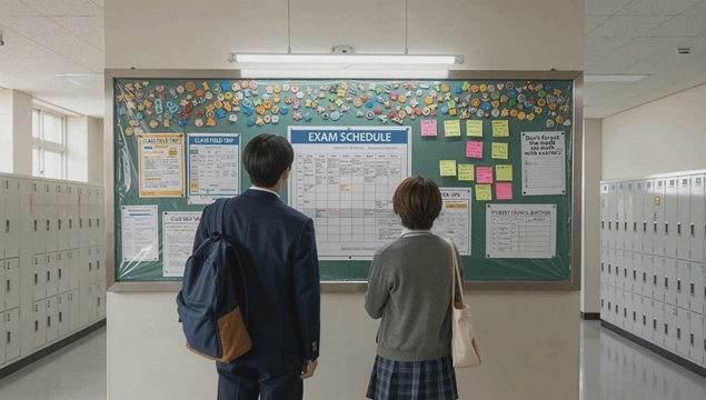 Students checking exam schedules on the school bulletin board